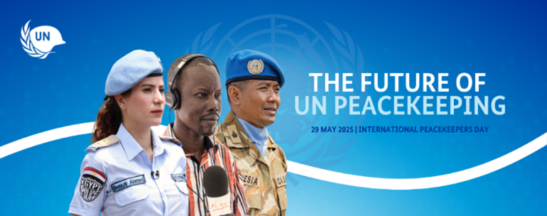 The Future of UN Peacekeeping flyer showing 3 officers looking ahead